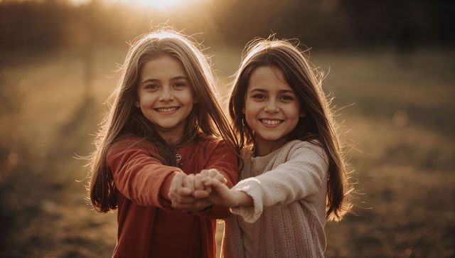 Two smiling girls holding hands in golden backlight meadow conveying warmth and joy