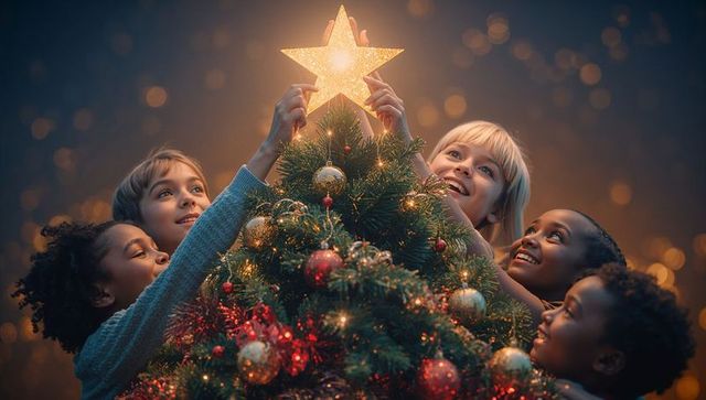 Children Decorating Christmas Tree with Star Topper, Festive Joyful Atmosphere