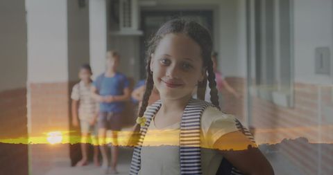 Sunset Double Exposure with Smiling Schoolgirl in Corridor - Download Free Stock Images Pikwizard.com