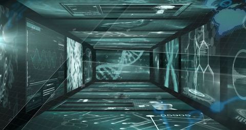 Digital corridor with holographic dna display in futuristic lab