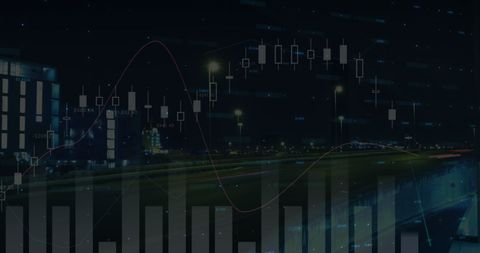 Global financial analysis overlaid on city lights