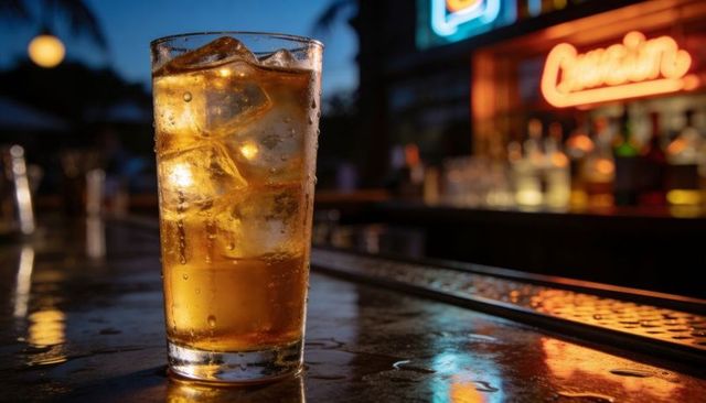 Amber cocktail tumbler cooling on neon-lit bar at dusk reflecting ice and condensation