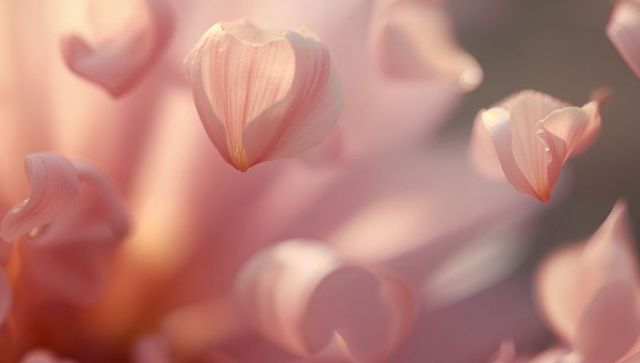 Heart-shaped pale pink petal floating in soft backlit macro bokeh with dew droplets