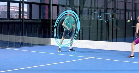 Teal male and purple female playing padel with ar hud overlay on blue court