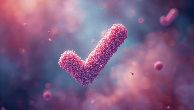 Floating pink sphere checkmark in abstract particle cloud