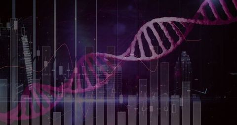 Magenta DNA Double Helix Overlaying Financial Charts and Futuristic Neon Cityscape