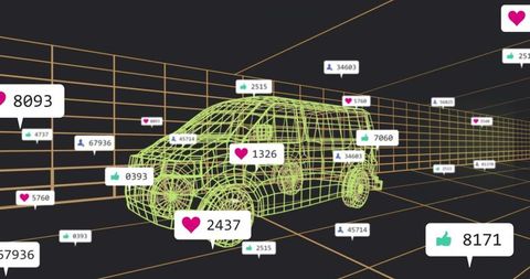 Neon wireframe SUV hovering in 3D grid with social reaction badges and analytics overlay