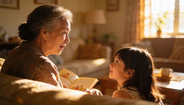 Grandparent reading picture book to child in sunlit living room, warm family moment