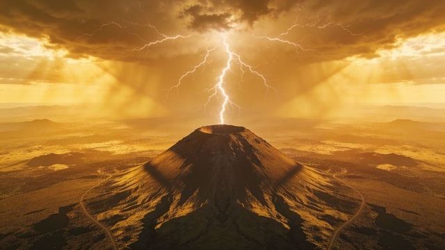 Lightning striking volcano summit at golden hour with dramatic storm clouds and winding road