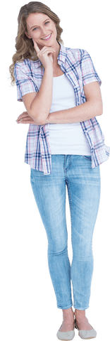 Smiling Young Woman in Casual Plaid Shirt on Transparent Background