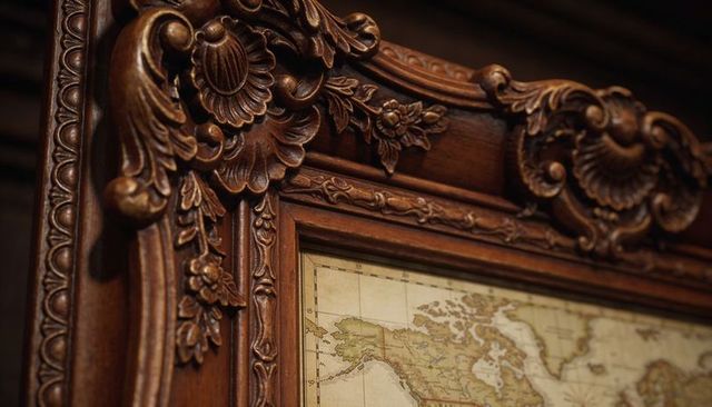 Ornate carved walnut frame showcasing antique map with intricate floral and shell motifs