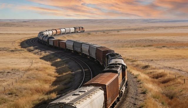 Curving freight train crossing golden prairie at sunset with long trailing hoppers