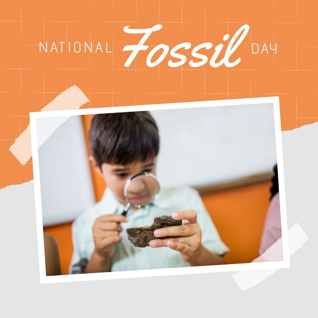 Biracial boy analyzing historic object through magnifying glass. Digital composite, childhood, text, paleontology, student, school, exploring, discovery, scientific research and national fossil day.