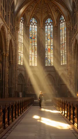 Vertical video: Man walking through sunlit cathedral aisle under stained-glass windows