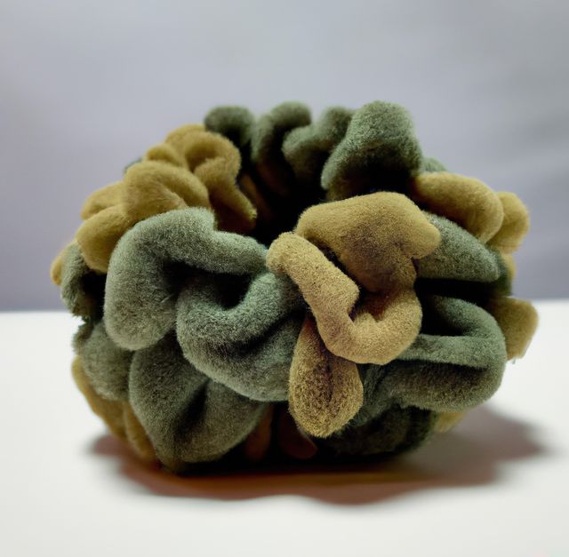 Image of close up of light and dark green coloured scrunchie on white background. Hair and beauty, decoration concept.