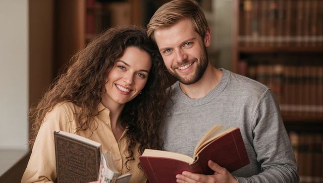 Smiling couple reading together in cozy library with antique hardcover books