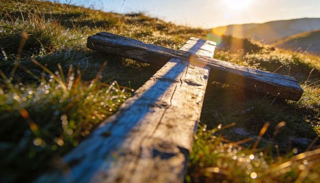 Weathered wooden cross resting on dew-covered alpine meadow at golden sunrise