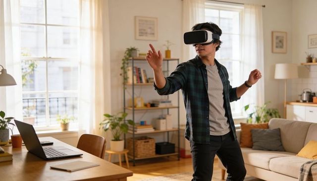Man exploring virtual reality in bright living room while working remotely with laptop