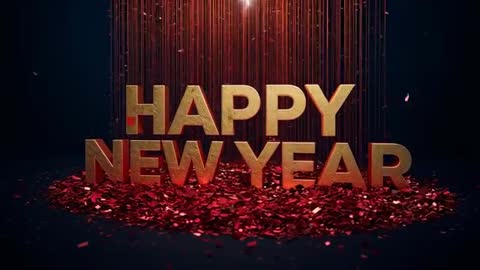 Shimmering Gold HAPPY NEW YEAR Text Emerging Through Falling Red Confetti Under Spotlight