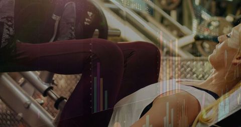 Female athlete on leg press with data visualization overlay
