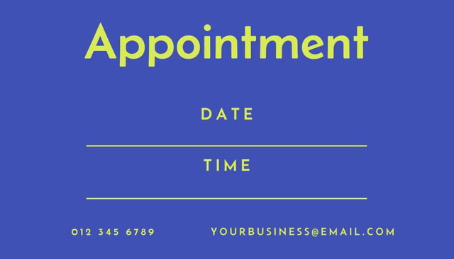 Appointment reminder template with a bold blue background. Easily customizable with options to fill in date, time, contact number, and email. Perfect for business use to organize meetings and keep clients informed. Great for small businesses, entrepreneurs, and professionals seeking a clear, organized method to remind clients of scheduled commitments.