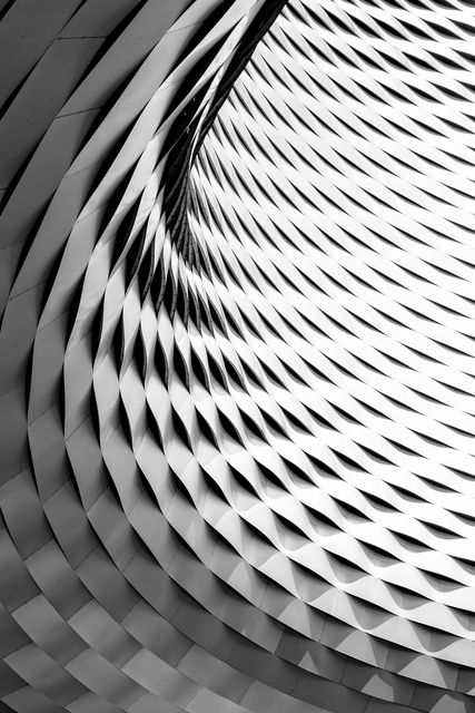 Close-up of a striking abstract architectural pattern in black and white displaying a dynamic, geometric structure. Each piece interlocks with the next, creating a fascinating interplay of light and shadow. Ideal for use in backgrounds, design inspiration, posters, and presentations emphasizing modernity, structure, and rhythm.