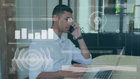 Businessman Engaging in Phone Call with Futuristic Data Interface