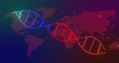 Digital DNA Strand Animation Over Global Map Background