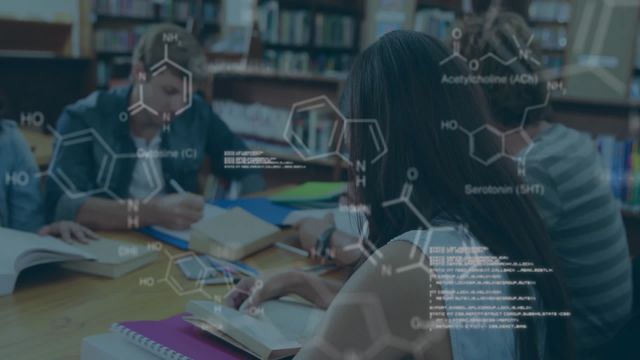 Students engage in studying while elements of chemistry, including complex chemical formulas, are displayed as an overlay. This combination enhances themes of education, learning, and scientific curiosity. The use of a digital overlay suggests modern academic settings rich with technological integration. Ideal for illustrating educational materials or emphasizing the fusion of traditional learning spaces and advanced scientific concepts.