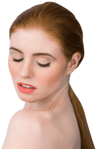 Beautiful Redhead Posing with Closed Eyes on Transparent Background