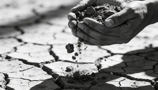 Hands releasing crumbling soil over cracked parched earth with wedding band, monochrome