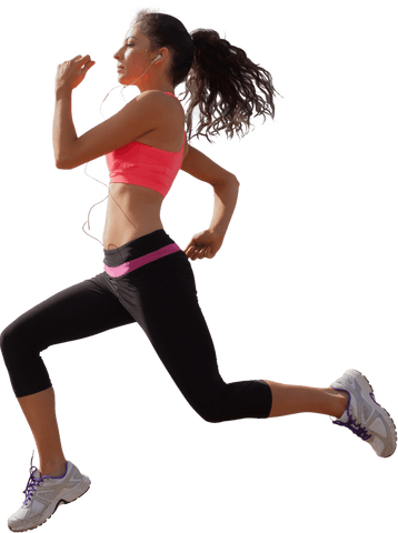 Fit Female Runner Jogging with Earbuds on Transparent Background