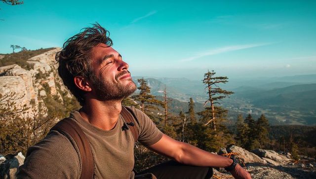 Male hiker resting on rocky mountain ledge soaking sun with backpack straps and wristwatch