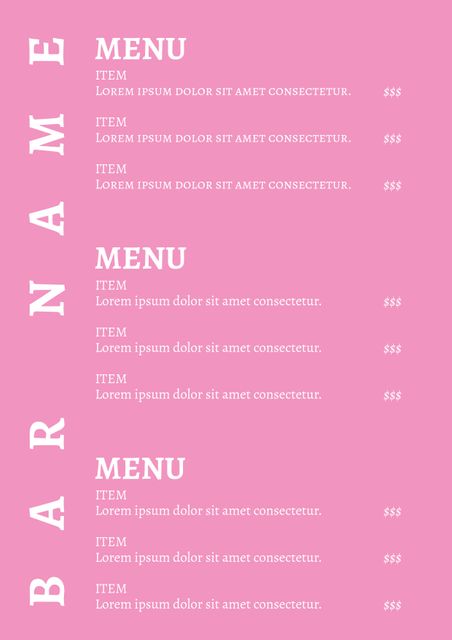 Stylish and adaptable menu template featuring a minimalist pink design. Ideal for bars and restaurants looking for an elegant and modern menu layout. The customizable sections make it easy to update menu items and prices. Perfect for upscale dining establishments, cocktail bars, and event menus. Use for both printed menus and digital screens.