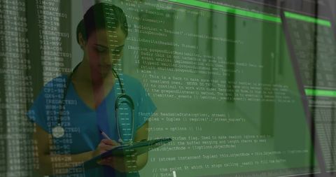 Indian Nurse Recording Notes with Digital Code Overlay