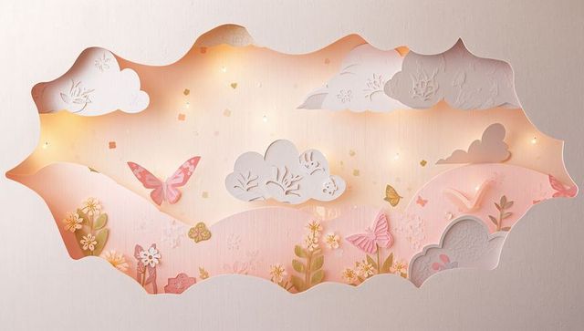 Papercut pastel landscape with pink butterflies and gold sparkle in scalloped frame