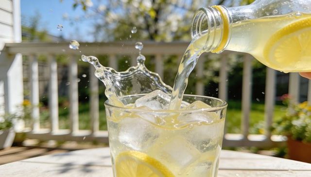 Pouring lemonade over ice with splashing droplets and sunlit deck citrus refreshment