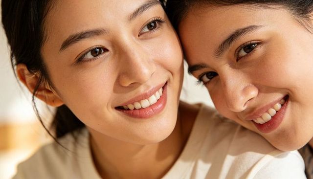 Smiling female couple leaning close and embracing, warm natural light lifestyle portrait