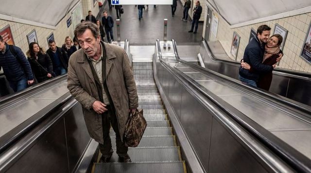 Exhausted commuter climbing subway escalator carrying worn leather satchel, urban commute