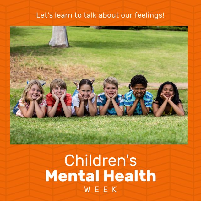Composition of children's mental health week text and children playing in park. Children's mental health week, childhood and mental health awareness concept digitally generated image.