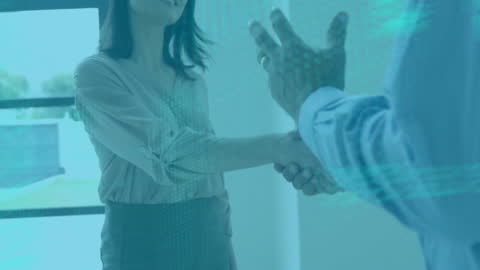 Data Overlay on Business Handshake in Modern Office