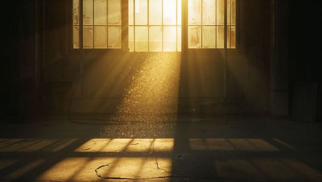 Sunlight streaming through window illuminates dust in abandoned warehouse