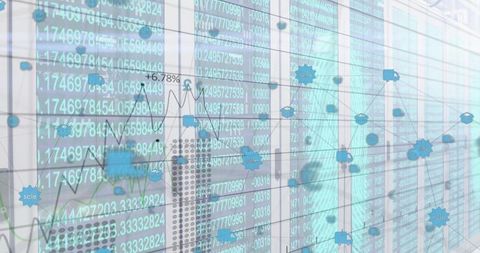 Server racks visualizing analytics overlay with network nodes, telemetry and market tickers