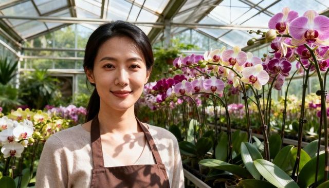 Greenhouse gardener tending vibrant orchids in sunlit glasshouse with brown apron