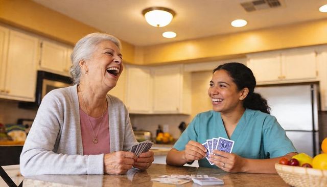 Laughing senior woman playing cards with smiling caregiver at kitchen counter
