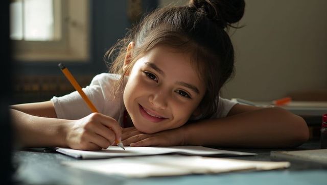Smiling schoolgirl leaning on desk writing with pencil at home study under soft window light