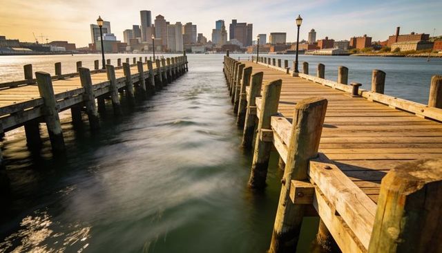 Sunset wooden piers forming v-shaped corridor toward city skyline with lamp posts