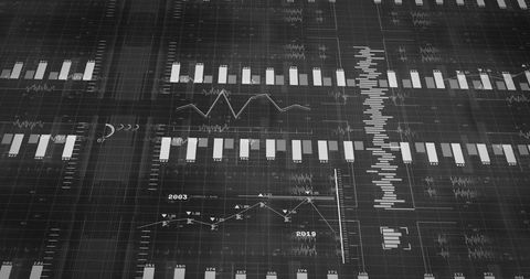 Black digital screen with business graphs and data interface