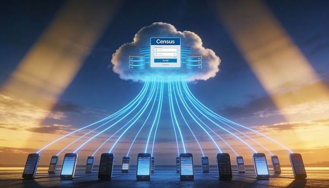 Census cloud login connecting smartphones to secure database with neon data streams at dusk