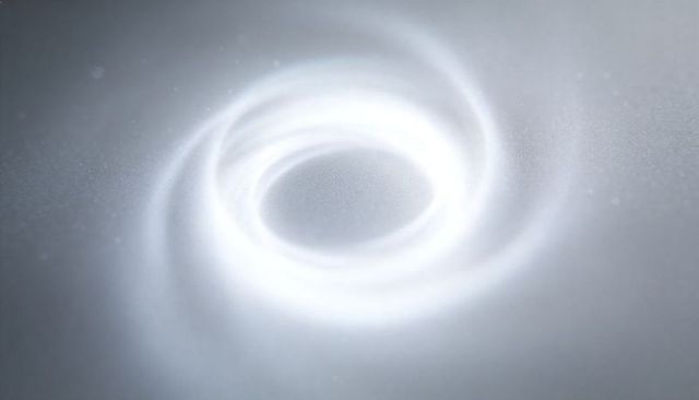 Glowing spiral forming concentric vortex with dark core on grainy neutral gray background